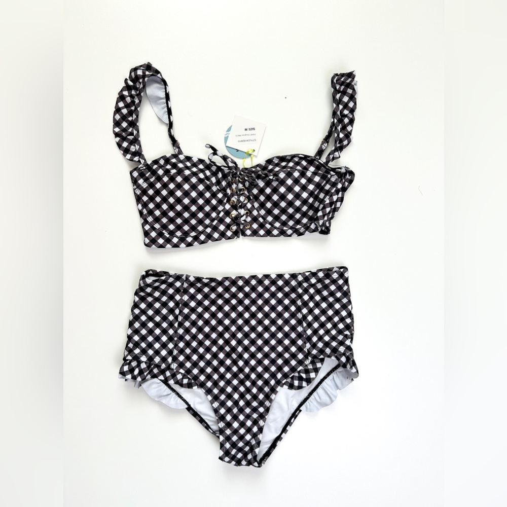 Two Piece Swimsuit Bikini, Black White gingham print, Women's M